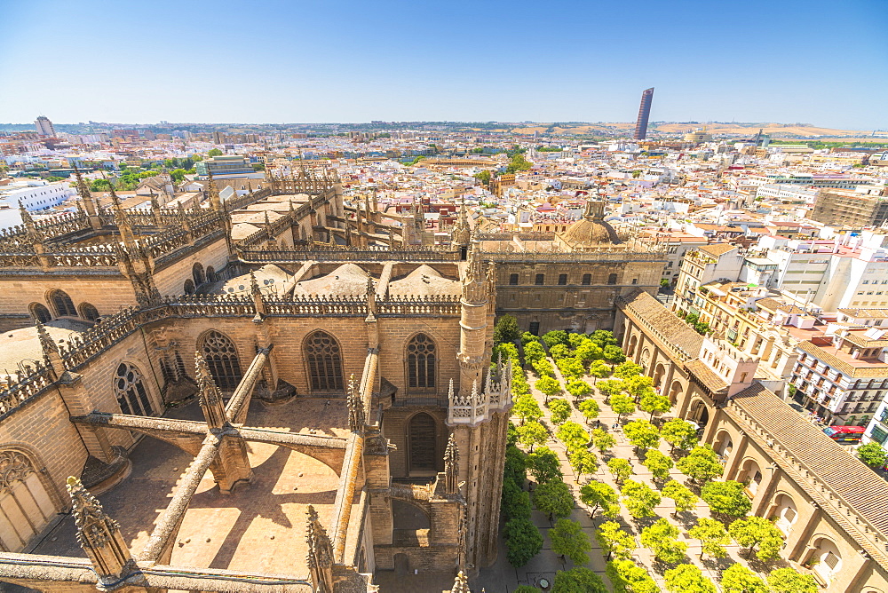 Overview of Seville Cathedral and Patio De Los Naranjos from the Giralda bell tower, UNESCO World Heritage Site, Seville, Andalusia, Spain, Europe