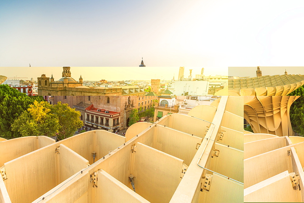 Church of the Annunciation seen from Metropol Parasol (Setas de Sevilla), Plaza de la Encarnacion, Seville, Andalusia, Spain, Europe