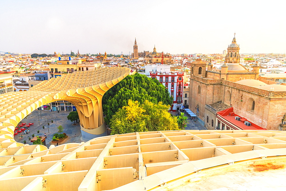 Church of the Annunciation, La Giralda and Seville skyline from Metropol Parasol, Plaza de la Encarnacion, Andalusia, Spain, Europe