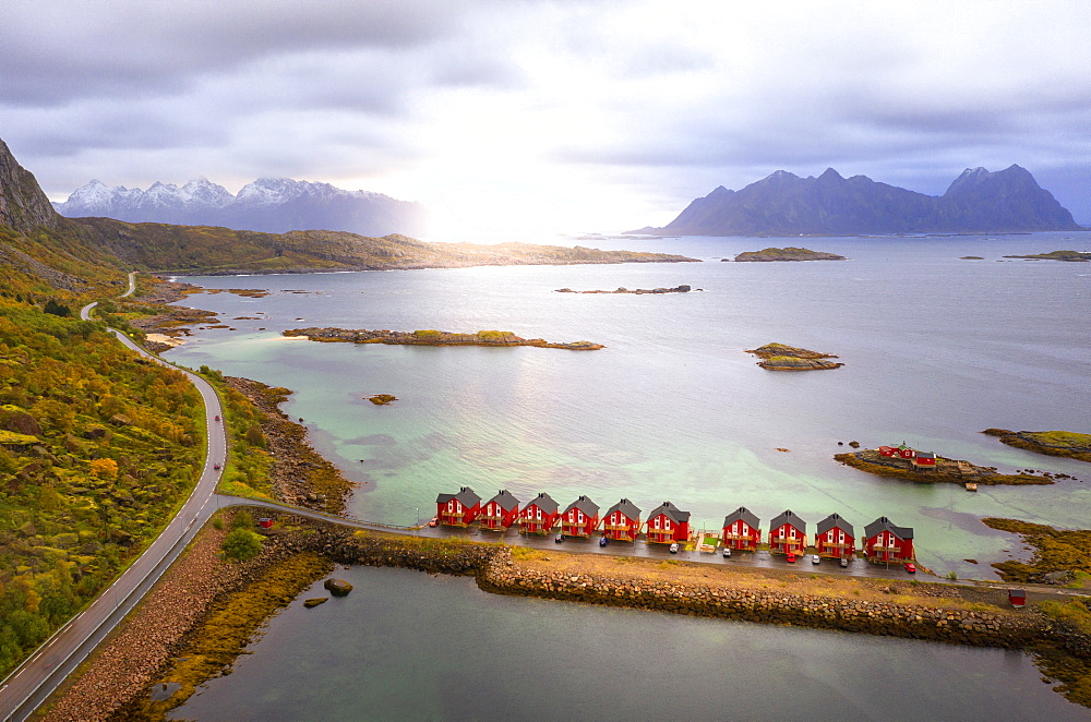 Aerial view of coastal road and houses surrounding Svolvaer, Nordland county, Lofoten Islands, Norway, Europe