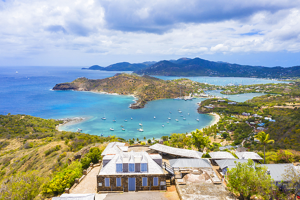 Aerial view by drone of Shirley Heights belvedere with Galleon Beach and English Harbour in background, Antigua, Caribbean, (drone)