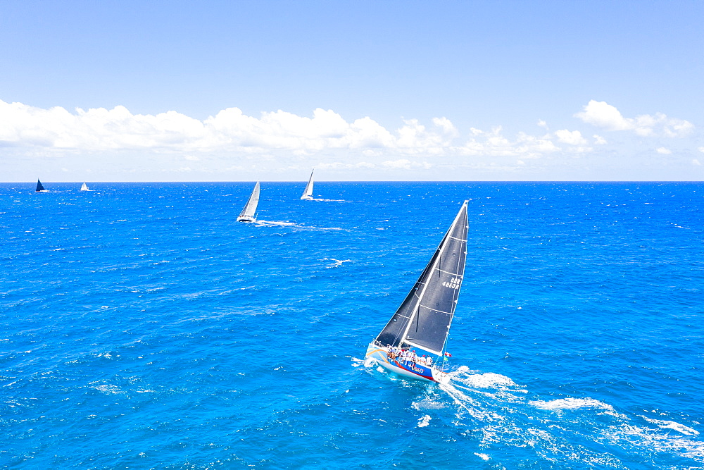 Aerial view by drone of sailing boats during a regatta, Antigua, Leeward Islands, West Indies, Caribbean, Central America