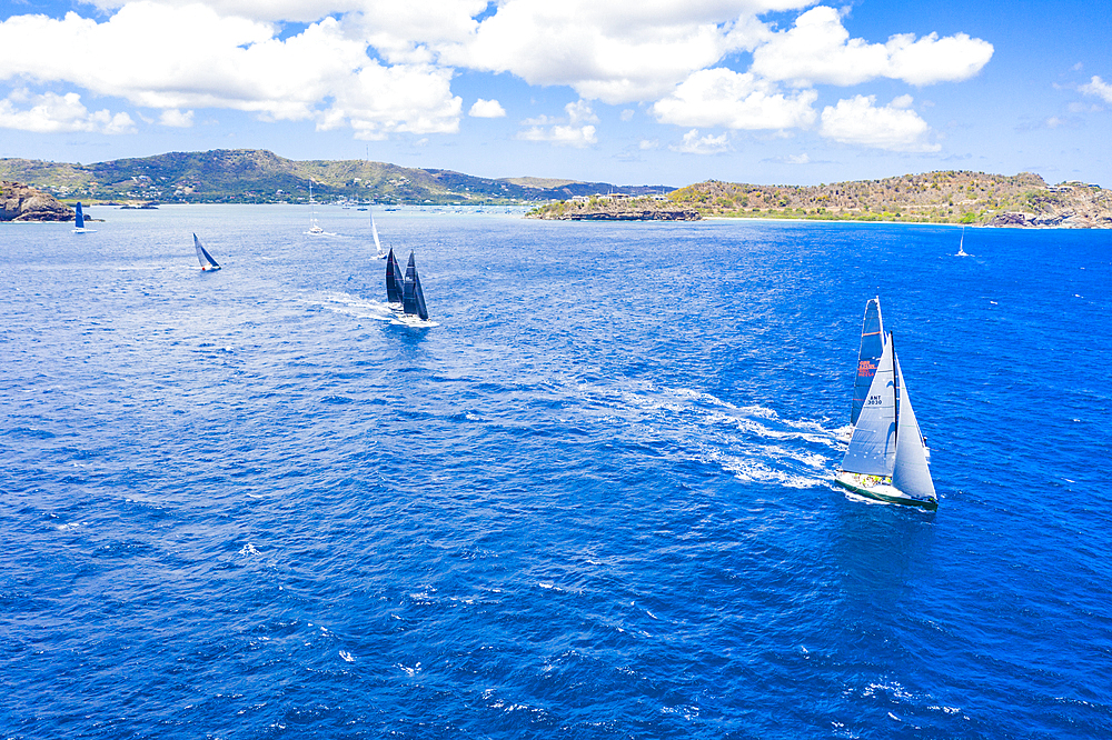 Aerial view by drone of sailing boats during a regatta, Antigua, Leeward Islands, West Indies, Caribbean, Central America