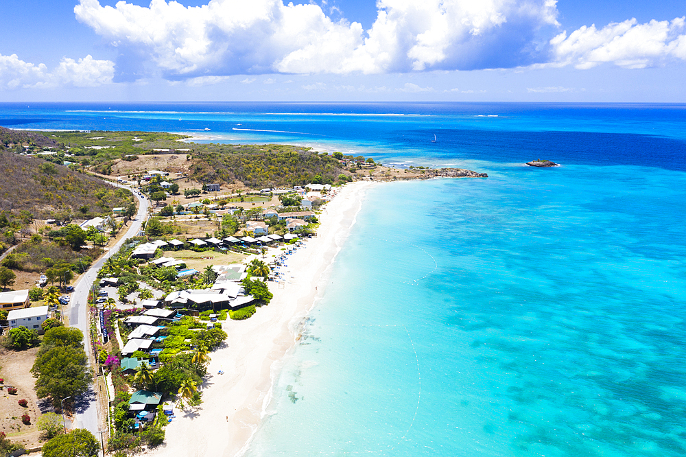 Aerial view by drone of tropical white sand of Turners Beach, Antigua, Antigua and Barbuda, Leeward Islands, West Indies, Caribbean, Central America