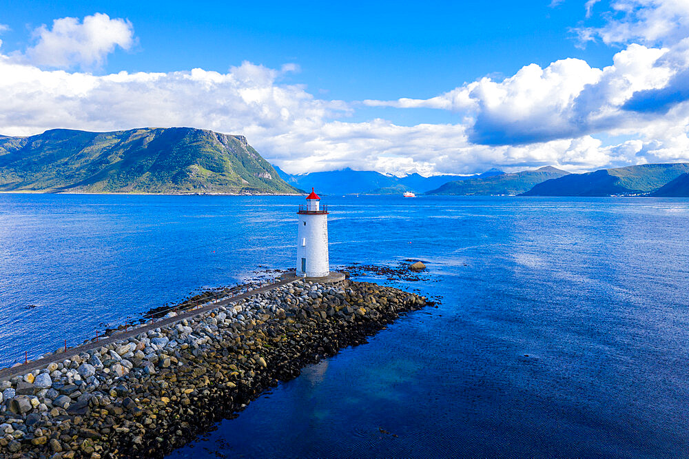 Aerial view by drone of Hogsteinen Lighthouse, Godoya Island, Alesund, More og Romsdal County, Norway, Scandinavia, Europe