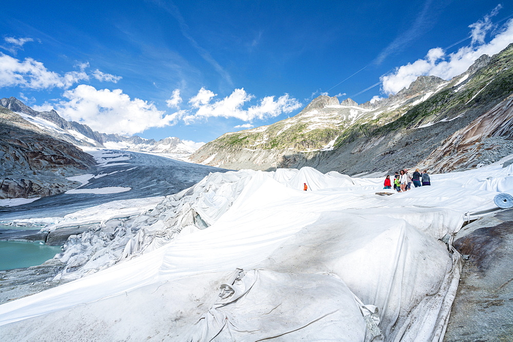 Rhone Glacier covered with white blankets to prevent extreme melting due to climate change, Gletsch, Canton of Valais, Switzerland, Europe