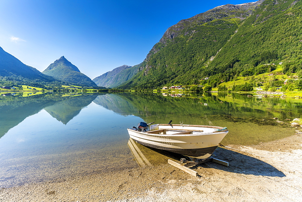 Mount Eggenipa mirrored in lake Bergheimsvatnet along the western fjords, Nordfjord, Sogn og Fjordane, Norway, Scandinavia, Europe