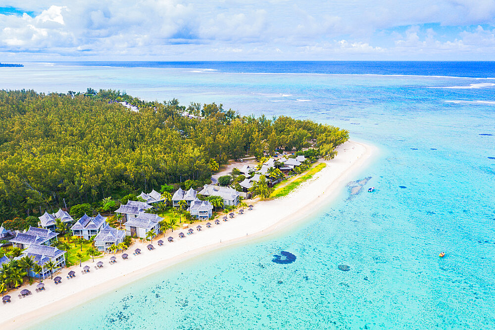 Aerial view by drone of luxury tourist resort on white sand beach, Flic en Flac, Black River district, Mauritius, Indian Ocean, Africa