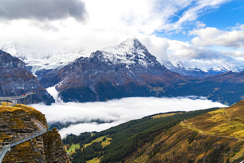 People admiring Mount Eiger from First Cliff Walk elevated walkway, Grindelwald, Bernese Oberland, Canton of Bern, Switzerland, Europe