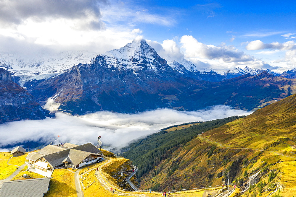 Hikers admiring the autumn landscape from elevated walkway, Cliff Walk by Tissot, First, Grindelwald, Bernese Alps, Canton of Bern, Switzerland, Europe