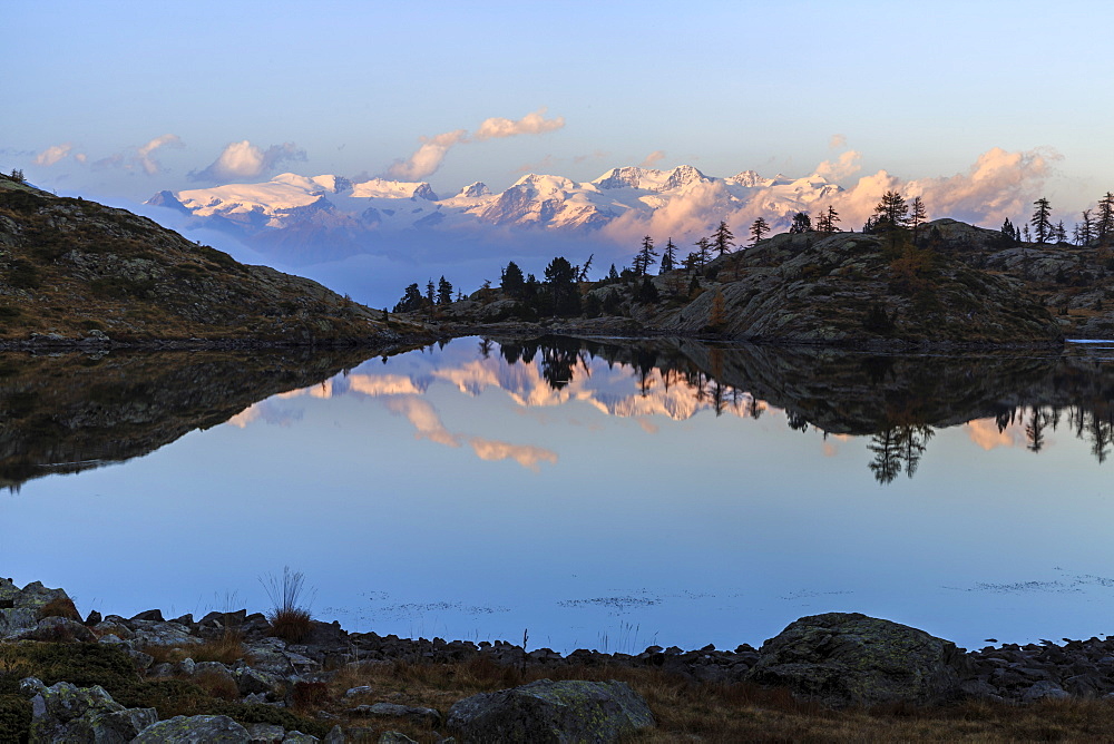 Sunrise on Mount Rosa seen from Lac Blanc, Natural Park of Mont Avic, Aosta Valley, Graian Alps, Italy, Europe