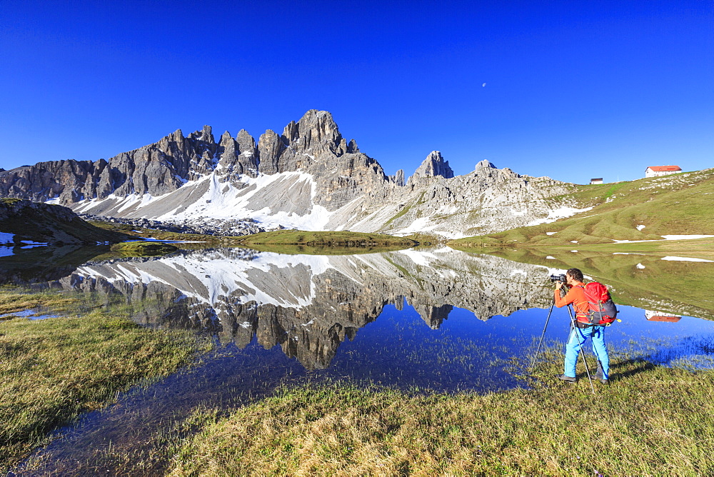 Photographer captures the Mount Paterno reflected in  the lake, Sesto, Dolomites, Trentino-Alto Adige, Italy, Europe