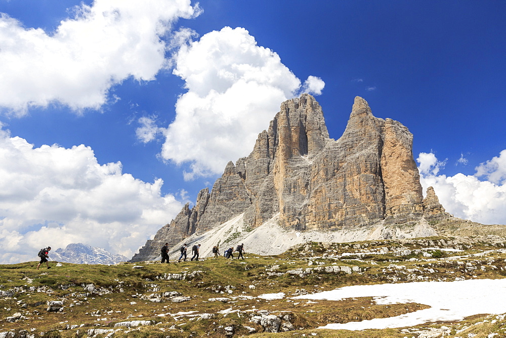 Hikers venturing to discover the Three Peaks of Lavaredo, Sesto, Dolomites, Trentino-Alto Adige, Italy, Europe