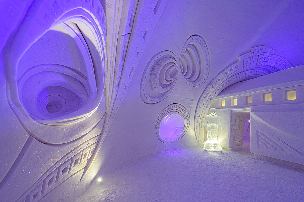 Futuristic ice sculptures inside the famous Lainio Snow Village, Kittila, Lapland, Finland