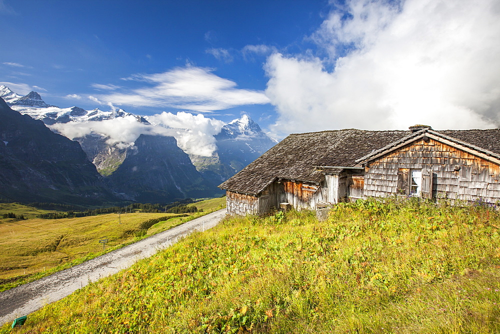 Wood hut with Mount Eiger in the background, First, Grindelwald, Bernese Oberland, Canton of Bern, Swiss Alps, Switzerland, Europe