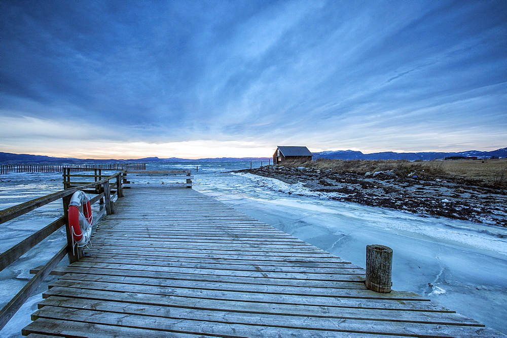 The wooden deck in the icy sea, Kystensarv, Trondelag, Norway, Scandinavia, Europe