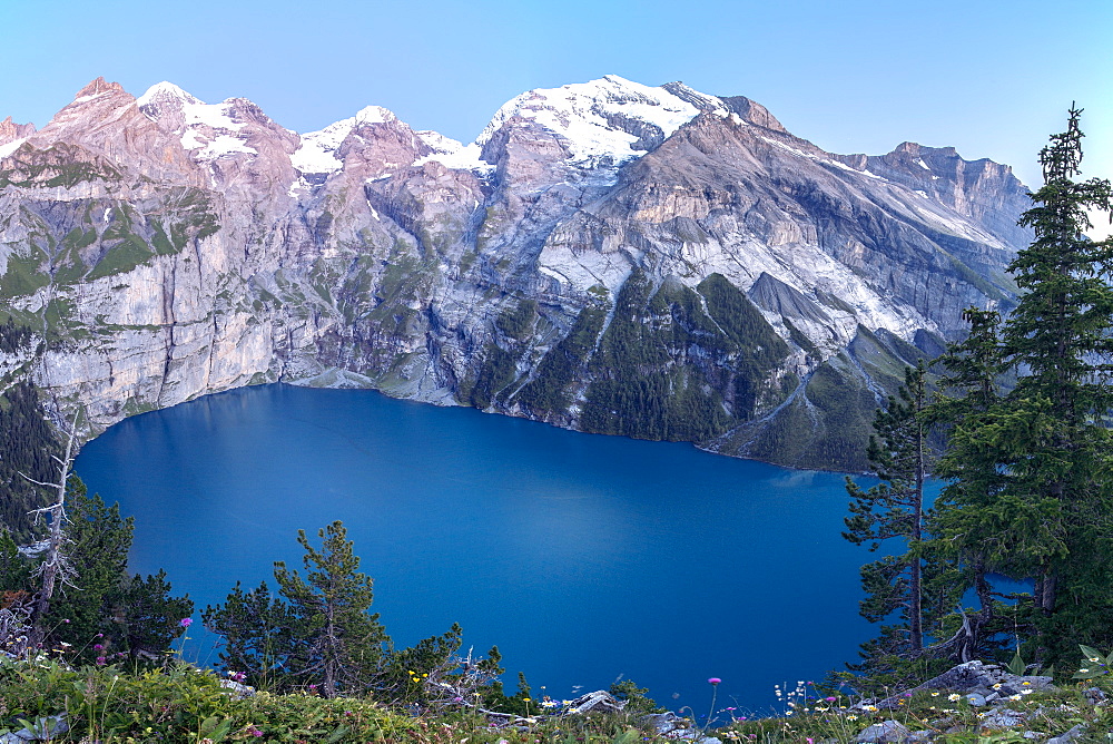 Summer view of Lake Oeschinensee, Bernese Oberland, Kandersteg, Canton of Bern, Switzerland, Europe