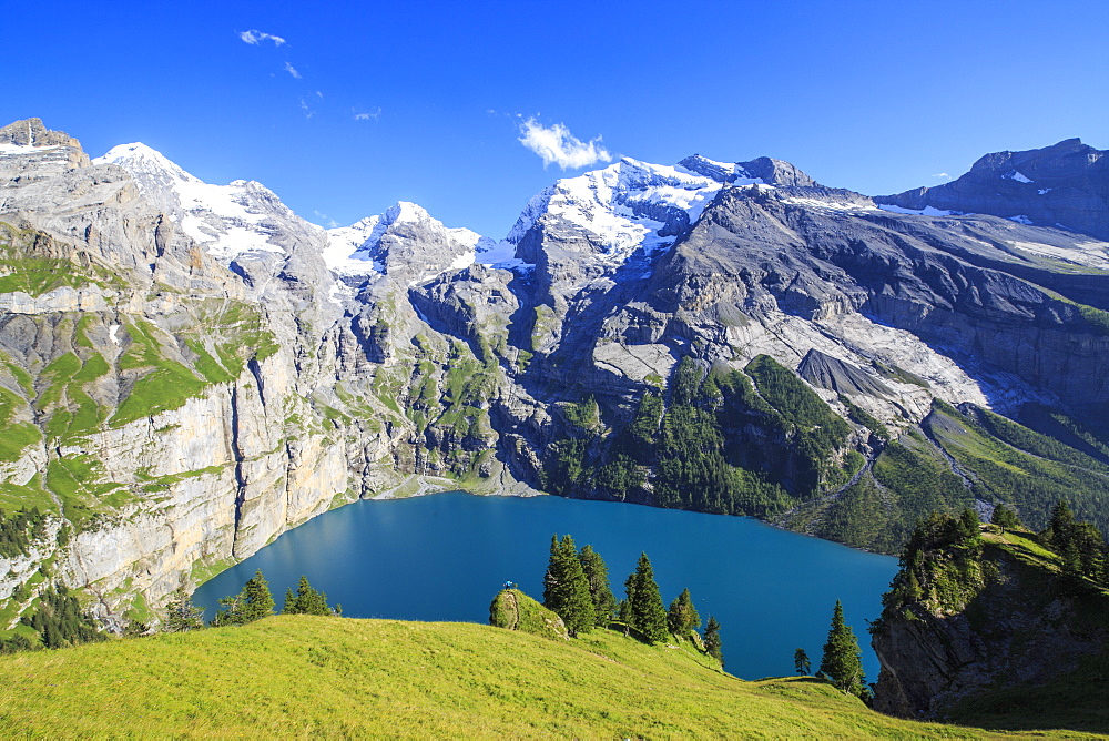 Summer view of Lake Oeschinensee, Bernese Oberland, Kandersteg, Canton of Bern, Switzerland, Europe