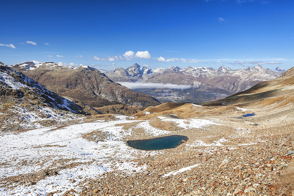 Pools of blue water in the landscape of Languard Valley, Engadine, Canton of Grisons (Graubunden), Switzerland, Europe