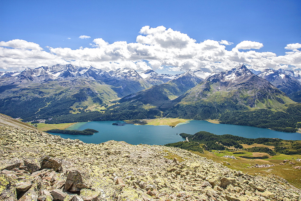 Top view of Lake Sils with snowy peaks in background, Engadine, Canton of Grisons (Graubunden), Switzerland, Europe