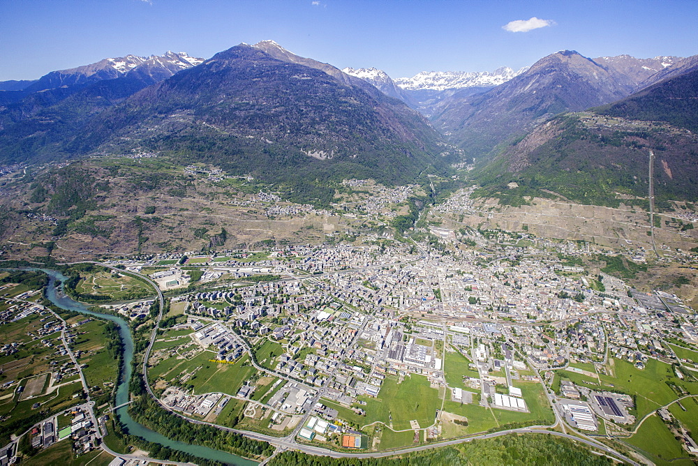 Aerial view of Sondrio and Bernina Group, Lower Valtellina, Lombardy, Italy, Europe