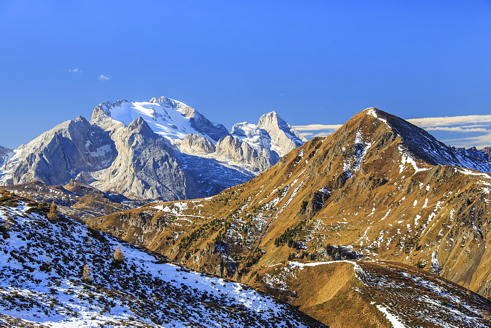 Autumnal view of the tops of Marmolada mountain range from Falzarego Pass, Dolomites of Belluno, Trentino-Alto Adige, Italy, Europe