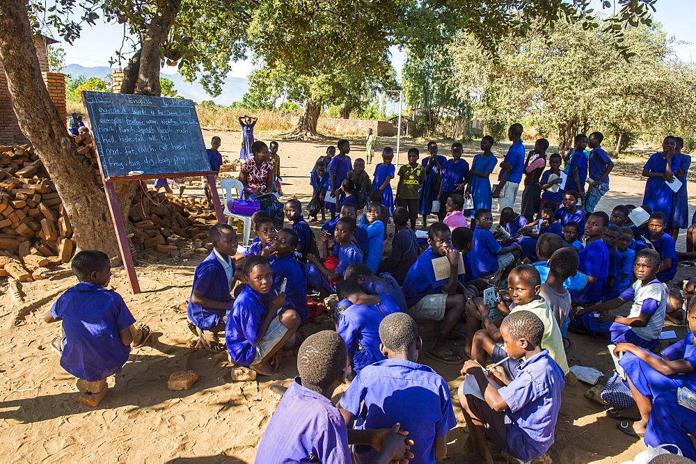 Primary school on a dusty street with many children, Liwonde National Park, Malawi, Africa