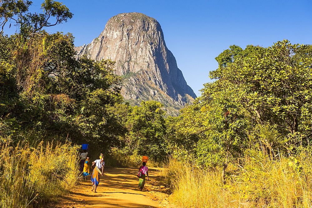 Dusty track laeding to the granite peaks of Mount Mulanje, Malawi, Africa