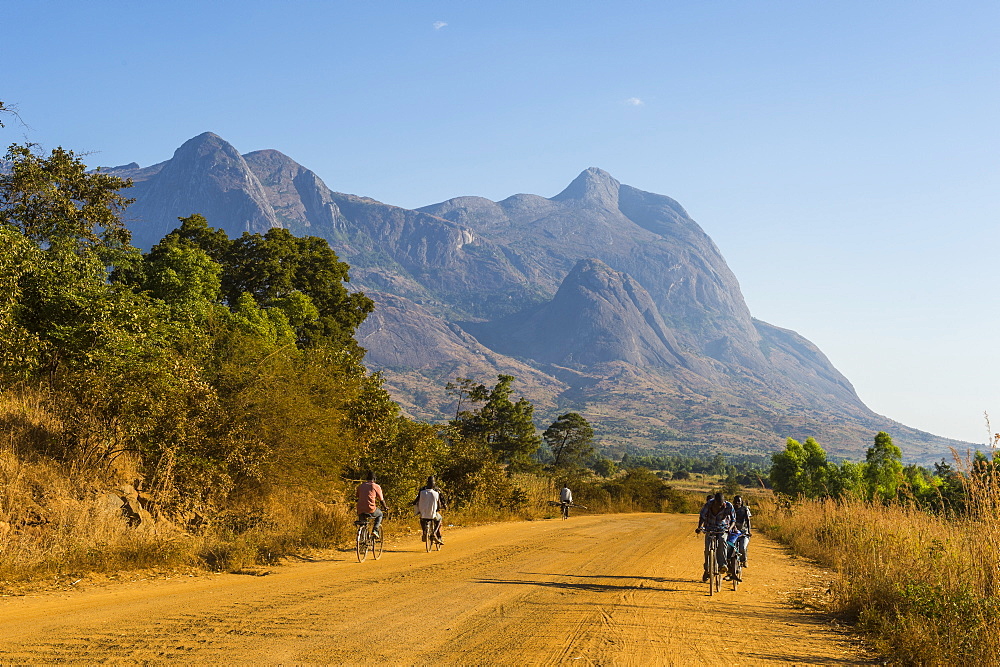 Road leading to the granite peaks of Mount Mulanje, Malawi, Africa