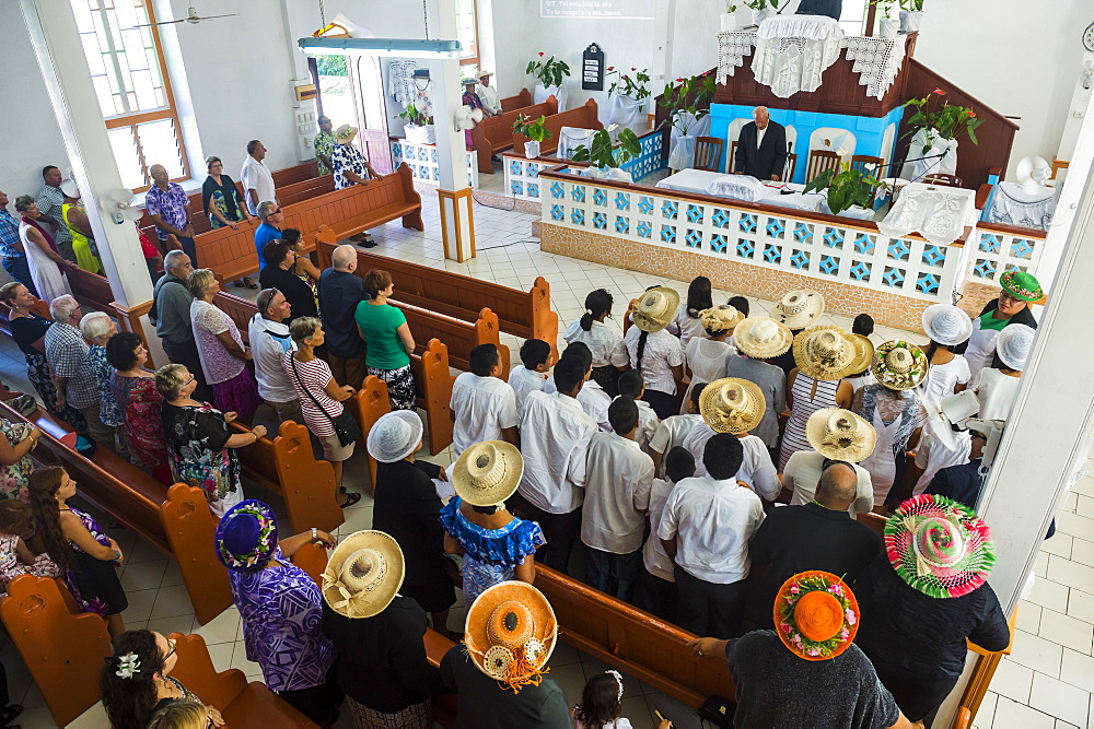 Women with traditional hats at a church service, Rarotonga, Rarotonga and the Cook islands, South Pacific, Pacific