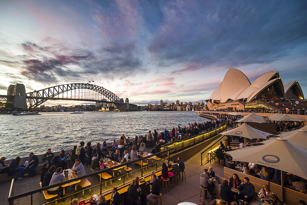 Sydney Harbour with the Harbour Bridge and Opera House after sunset, Sydney, New South Wales, Australia, Pacific