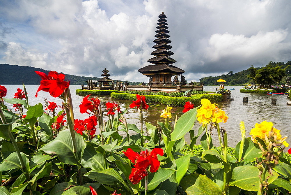 Blooming flowers before the Pura Ulun Danu Bratan temple, Bali, Indonesia, Southeast Asia, Asia