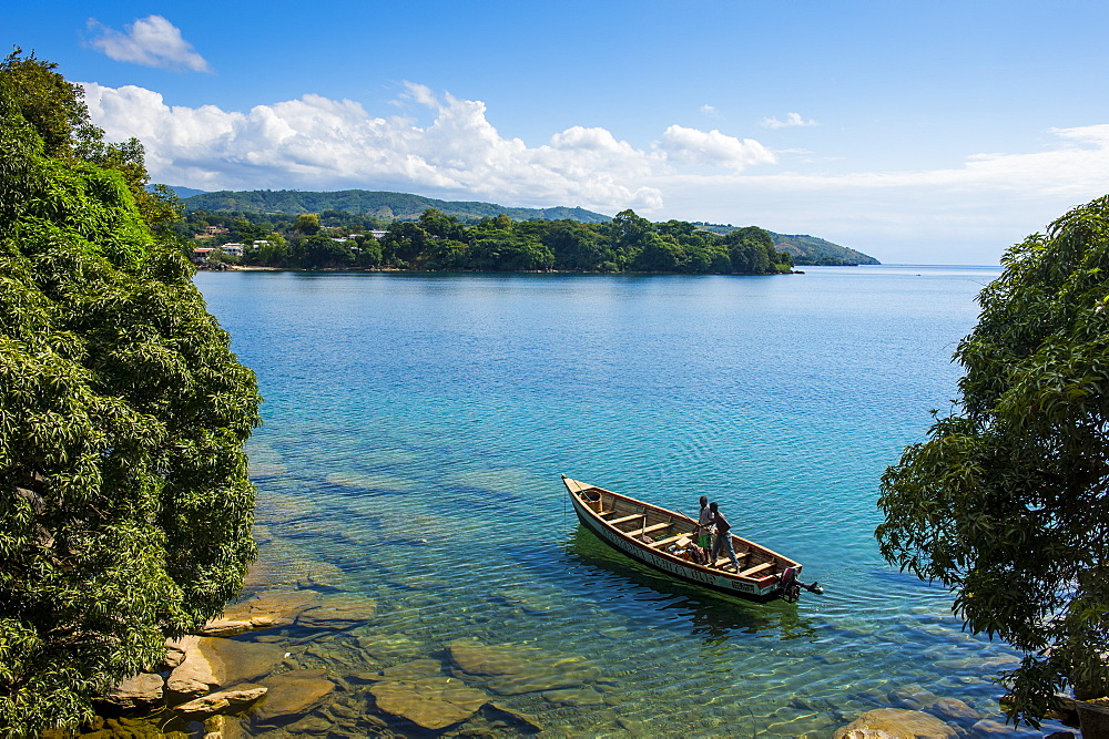 View over a canoe on Nkhata Bay, Lake Malawi, Malawi, Africa