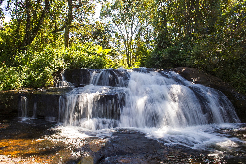 Mandala Falls flowing in the artificial lake on the Mulunguzi Dam, Zomba Plateau, Malawi, Africa