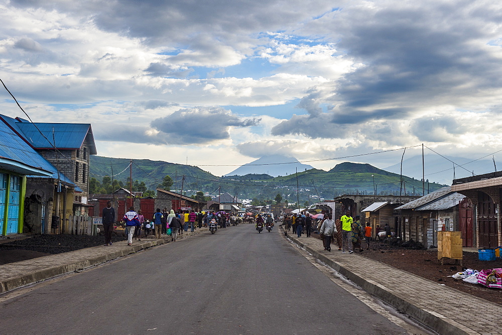 Mount Nyiragongo looming behind the town of Goma, Democratic Republic of the Congo, Africa