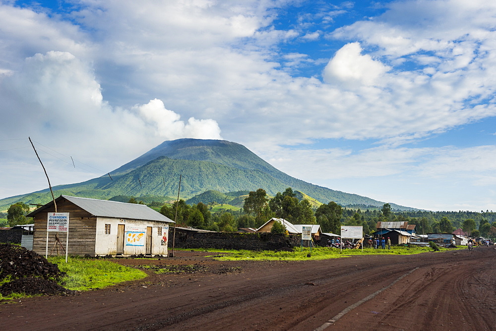 Mount Nyiragongo looming behind the town of Goma, Democratic Republic of the Congo, Africa 