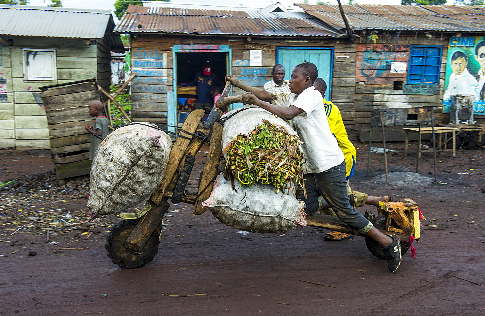 Local man transporting their goods on self made carriers, Goma, Democratic Republic of the Congo, Africa