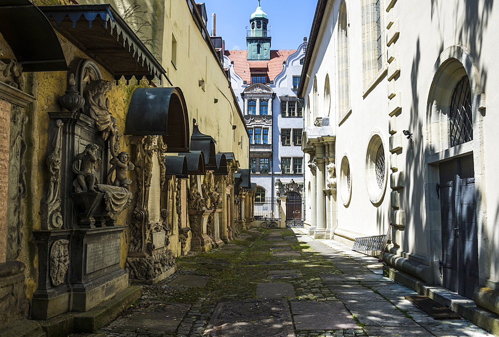 Trinity Church's cemetery grave markers, Church of the Holy Trinity, Regensburg, UNESCO World Heritage Site, Bavaria, Germany, Europe