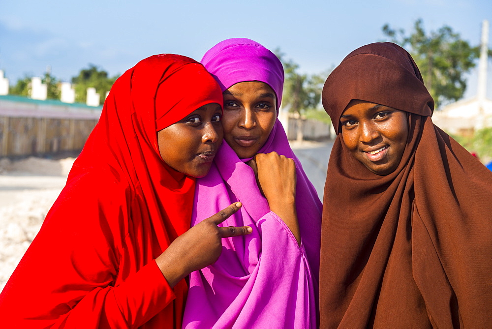 Colourfully dressed Muslim women in the coastal town of Berbera, Somaliland, Somalia, Africa