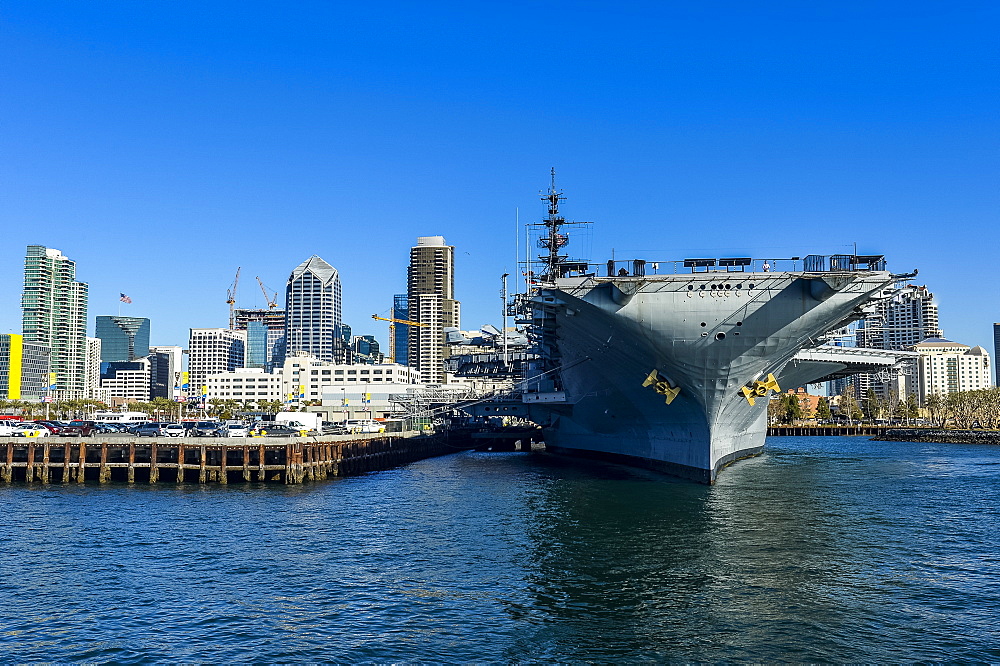 Skyline of San Diego with USS Midway, Harbour of San Diego, California, United States of America, North America