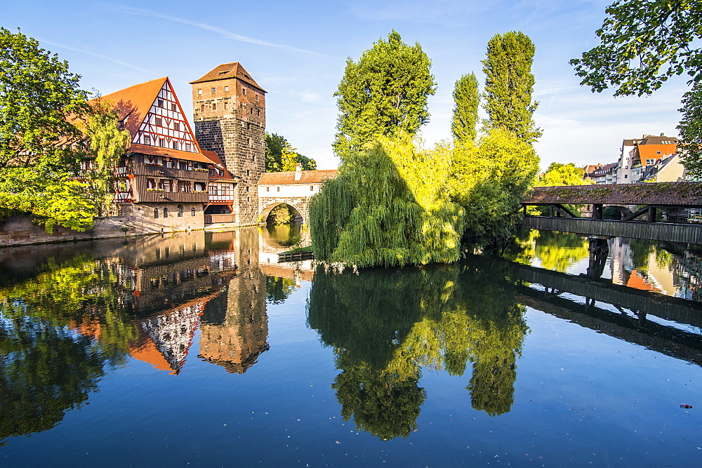 Old timbered houses and hanging tower, Nuremberg, Middle Franconia, Bavaria, Germany, Europe