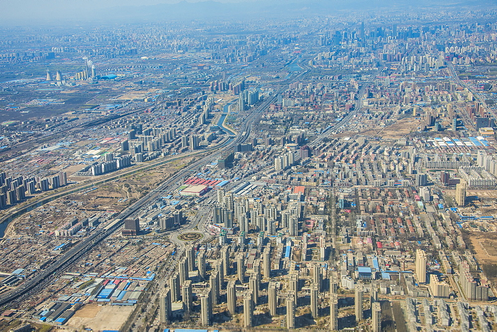 Aerial of the landscape and an industrial settlement around Bejing, China, Asia