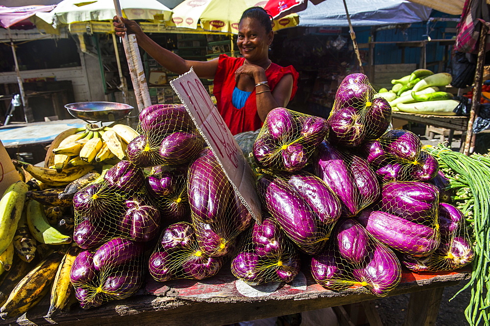 Huge eggplants for sale, Stabroek market, Georgetown, Guyana, South America