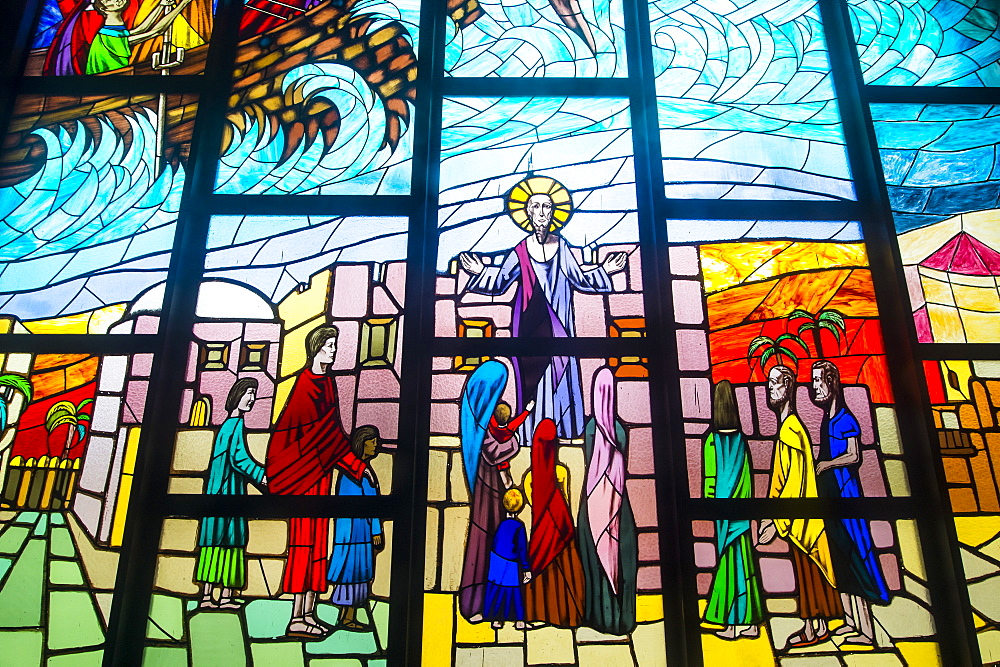 Stained glass in the interior of St. Paul's Cathedral, Abidjan, Ivory Coast, West Africa, Africa