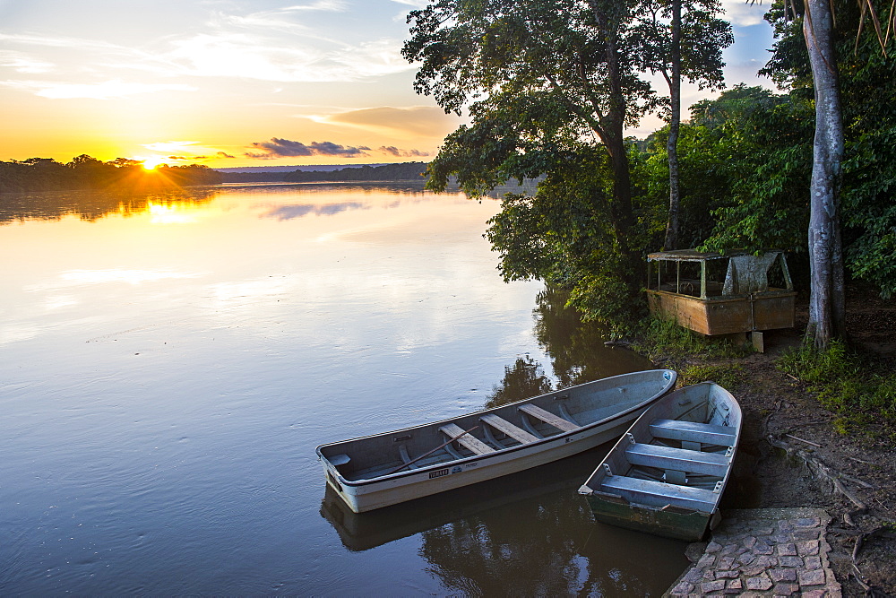 Sunset over the Sangha River flowing through the Dzanga-Sangha Special Reserve, UNESCO World Heritage Site, Central African Republic, Africa