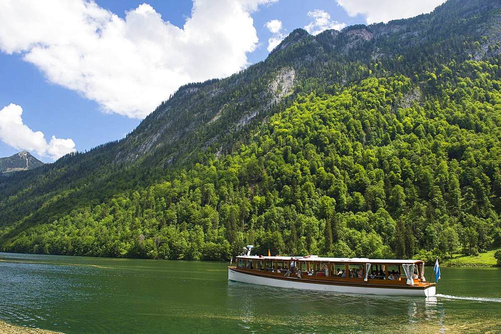 Electric boat on the alpine lake Koenigssee, Berchtesgaden, Bavaria, Germany, Europe