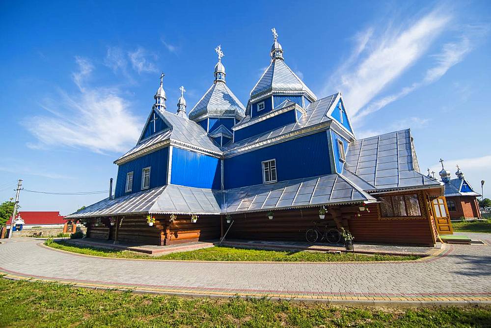 Blue wooden church, near Buchach, Ukraine, Europe