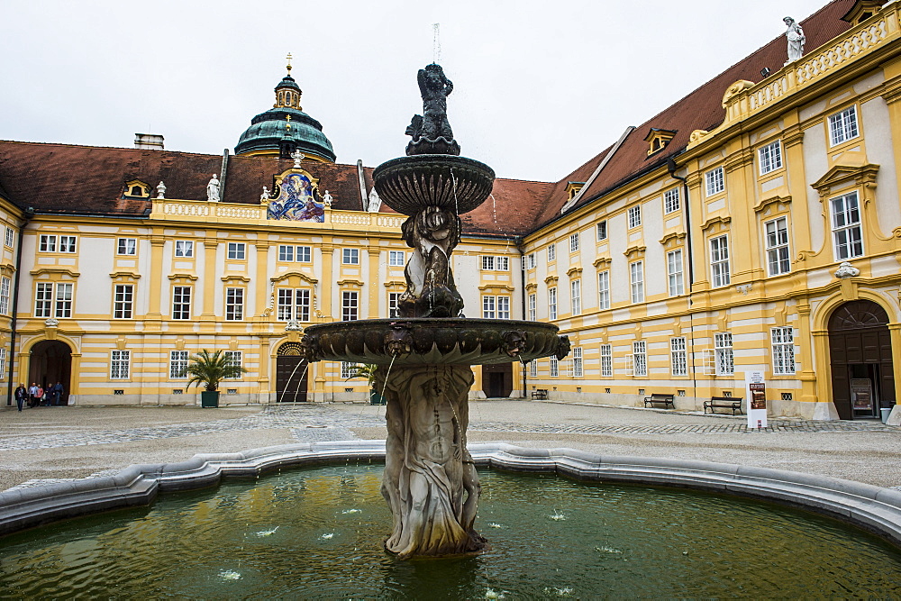 Fountain in the Prelates Courtyard in Melk Abbey, UNESCO World Heritage Site, Wachau, Austria, Europe