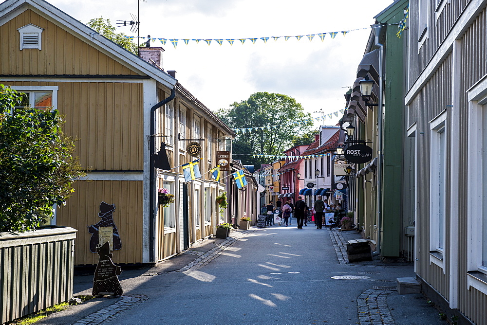 Old houses in the pedestrian zone of Sigtuna, the oldest town of Sweden, Scandinavia, Europe