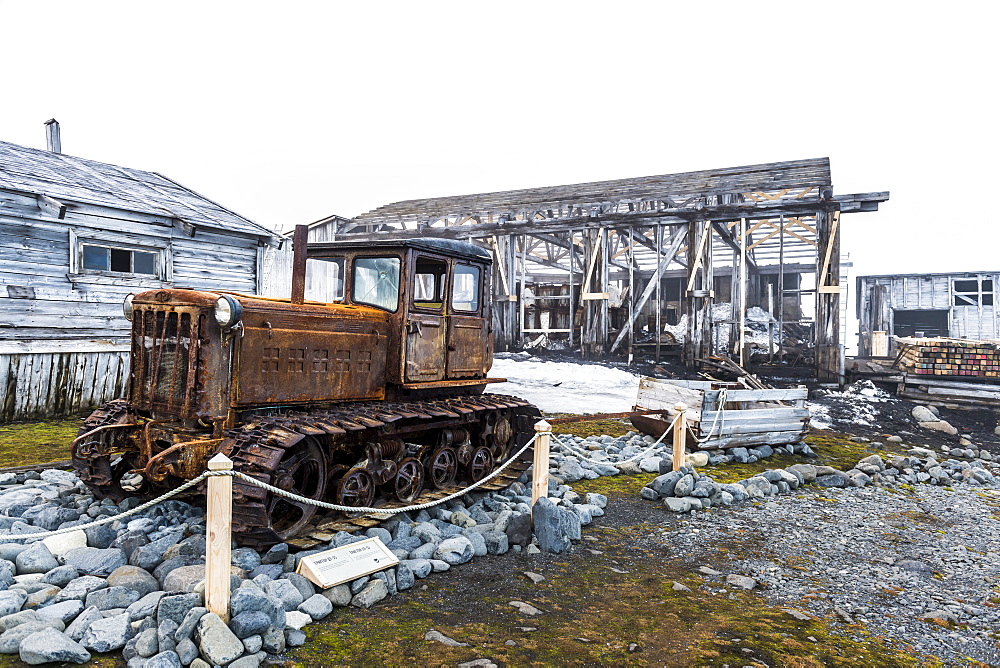 Historical caterpillar in the meteorological station Sedov in Tikhaya Bay on Hooker island, Franz Josef Land archipelago, Arkhangelsk Oblast, Arctic, Russia, Europe